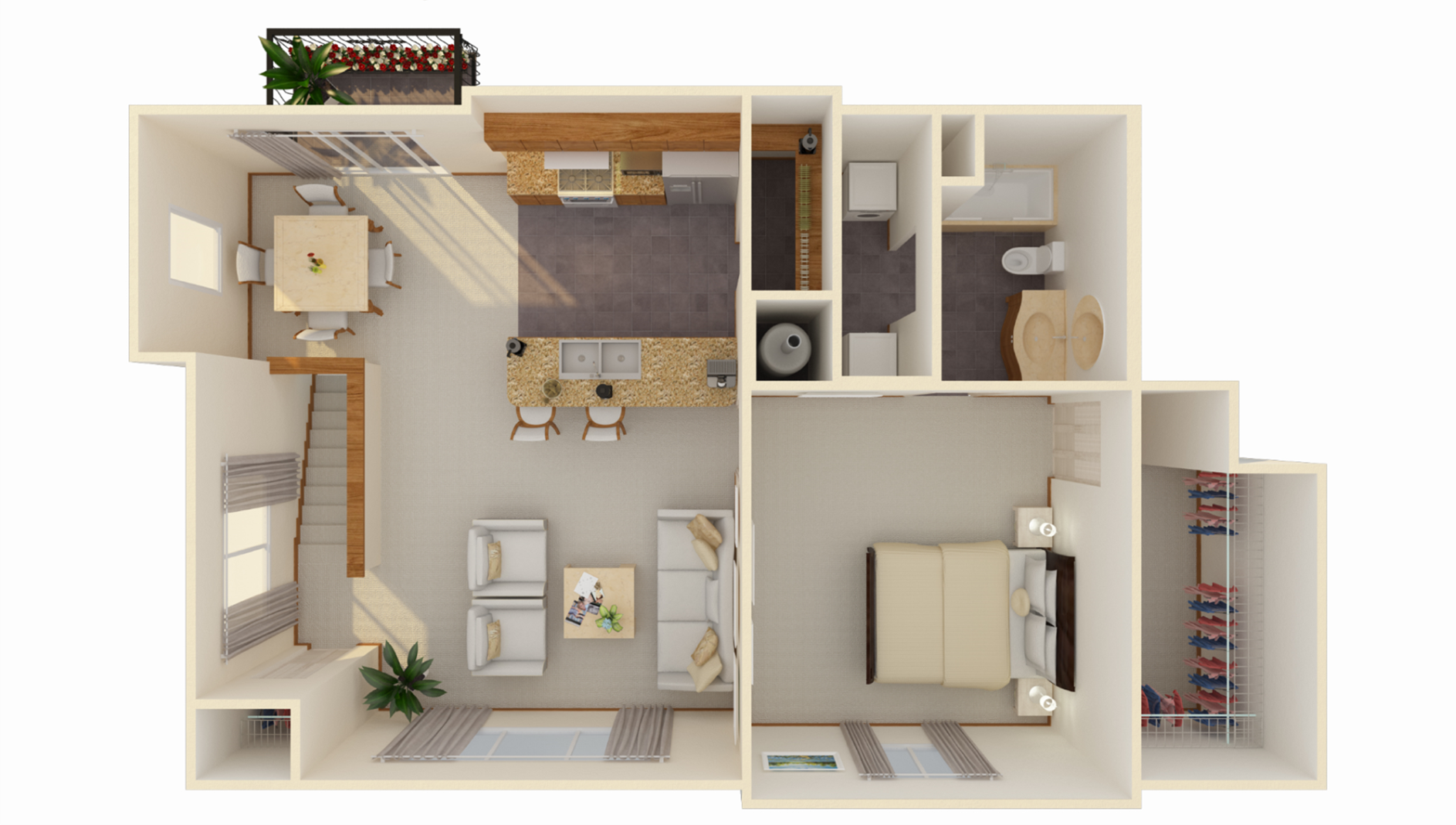 Floor plan for 1 bed, 1 bath, 966 sqft